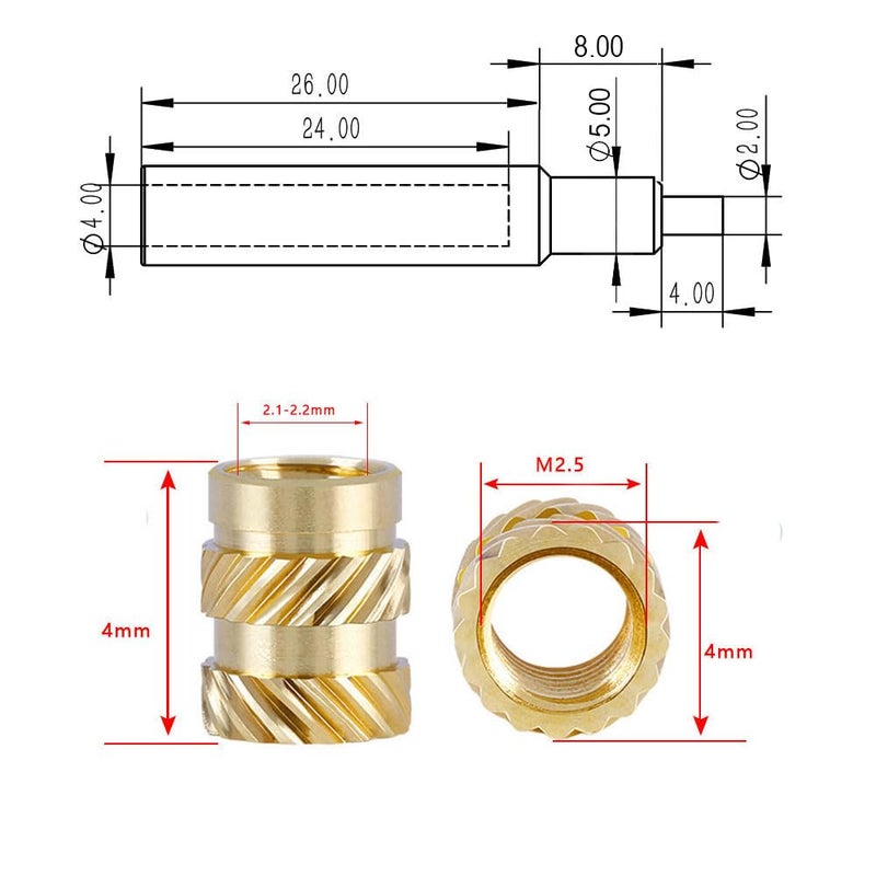 3DZWMAN M2.5 Threaded Inserts for plastic-100Pcs M2.5xL4xD4 with Heat Set Insert Tools-Brass Metric Knurled Nuts for 3D Printing Components and Plastic Parts - Image 2